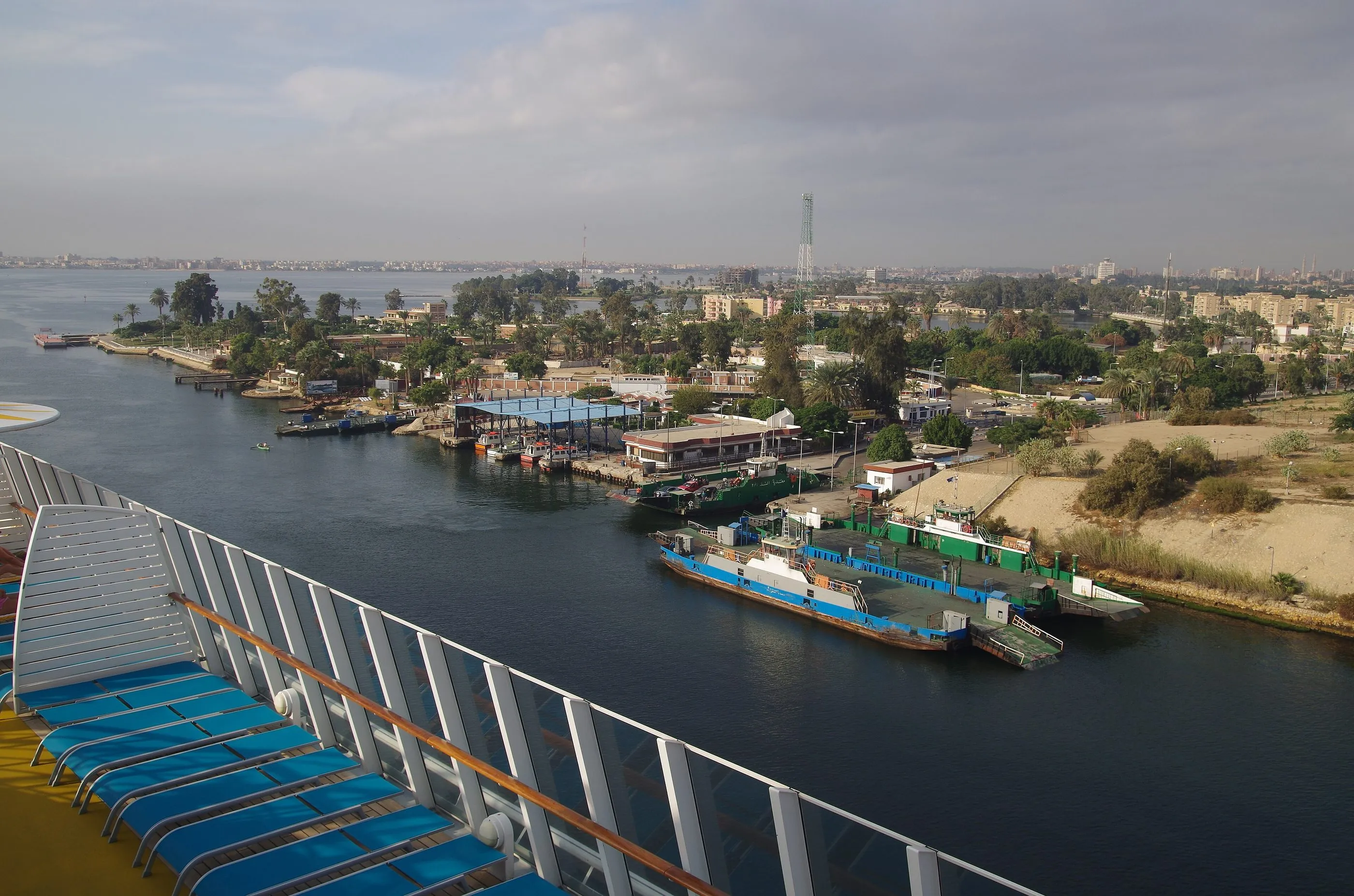 The Suez Canal at Ismailia, seen from the deck of a passing ship.